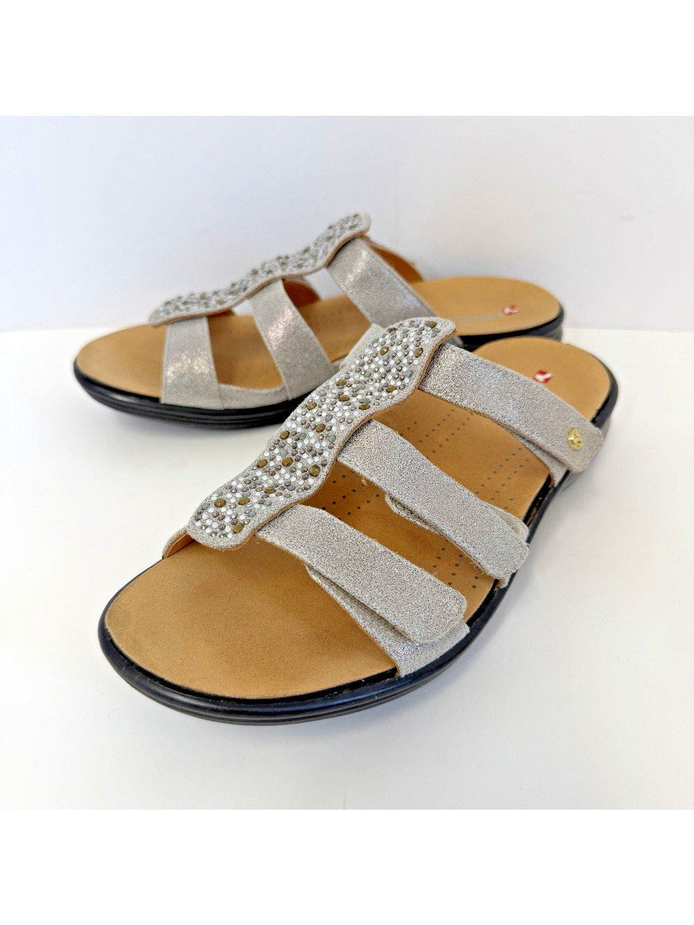Revere Leather Sandals Catalina Gold Wash Sz 8 Rhinestones Hook Loop Slip On